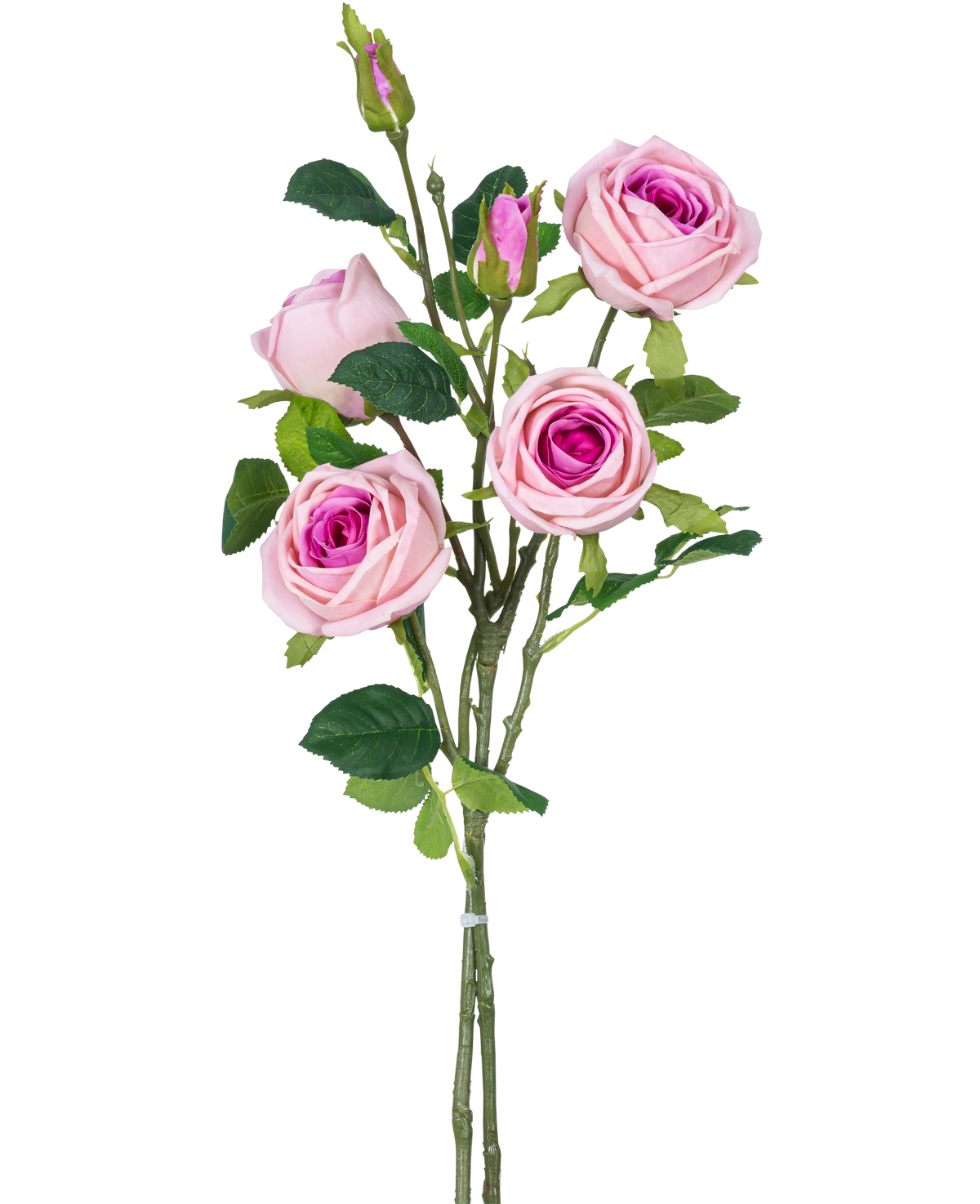 Der künstliche Rosenzweig Double Real Touch Pink 80 cm hat mehrere künstliche rosa Rosen und Rosenknospen mit grünen Blättern an einem Stiel vor einem schlichten weißen Hintergrund.