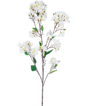 De Kunstbloem Bougainvillea 120 cm wit is een kunstbloemenstengel met meerdere bruine takken, groene bladeren en trossen witte bloemen met gele hartjes, afgebeeld tegen een witte achtergrond.