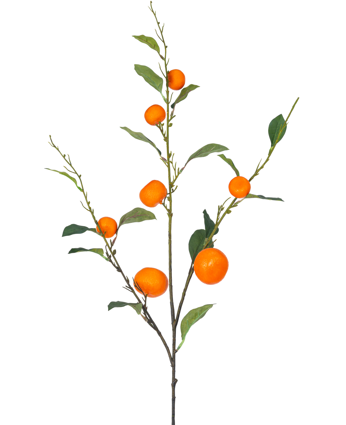 Vor einem schlichten weißen Hintergrund ist ein künstlicher Mandarinenzweig 93 cm orange mit grünen Blättern und einer Reihe reifer, orangefarbener Mandarinen abgebildet.