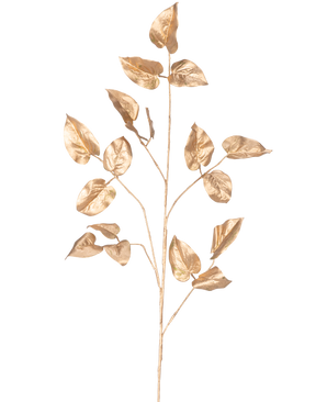 Der Art Branch Salal 95 cm gold hat einen einzelnen goldbemalten Zweig mit mehreren Blättern auf einem schlichten weißen Hintergrund.