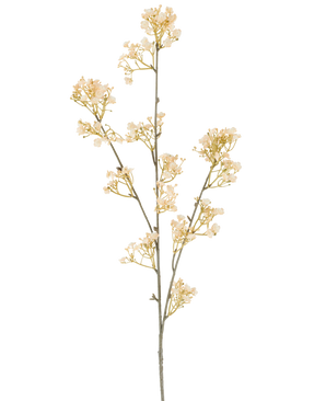 Ein einzelner Stiel einer künstlichen Gipsblume, 106 cm, creme/braun, mit kleinen, anmutigen cremefarbenen und braunen Blüten, die sich verzweigen, auf einem weißen Hintergrund.