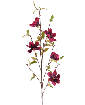Eine einzelne Kunstblume Magnolie 94 cm, burgunderroter Kunstzweig mit fünf tiefroten Blüten und grünen Blättern, präsentiert vor einem schlichten weißen Hintergrund.