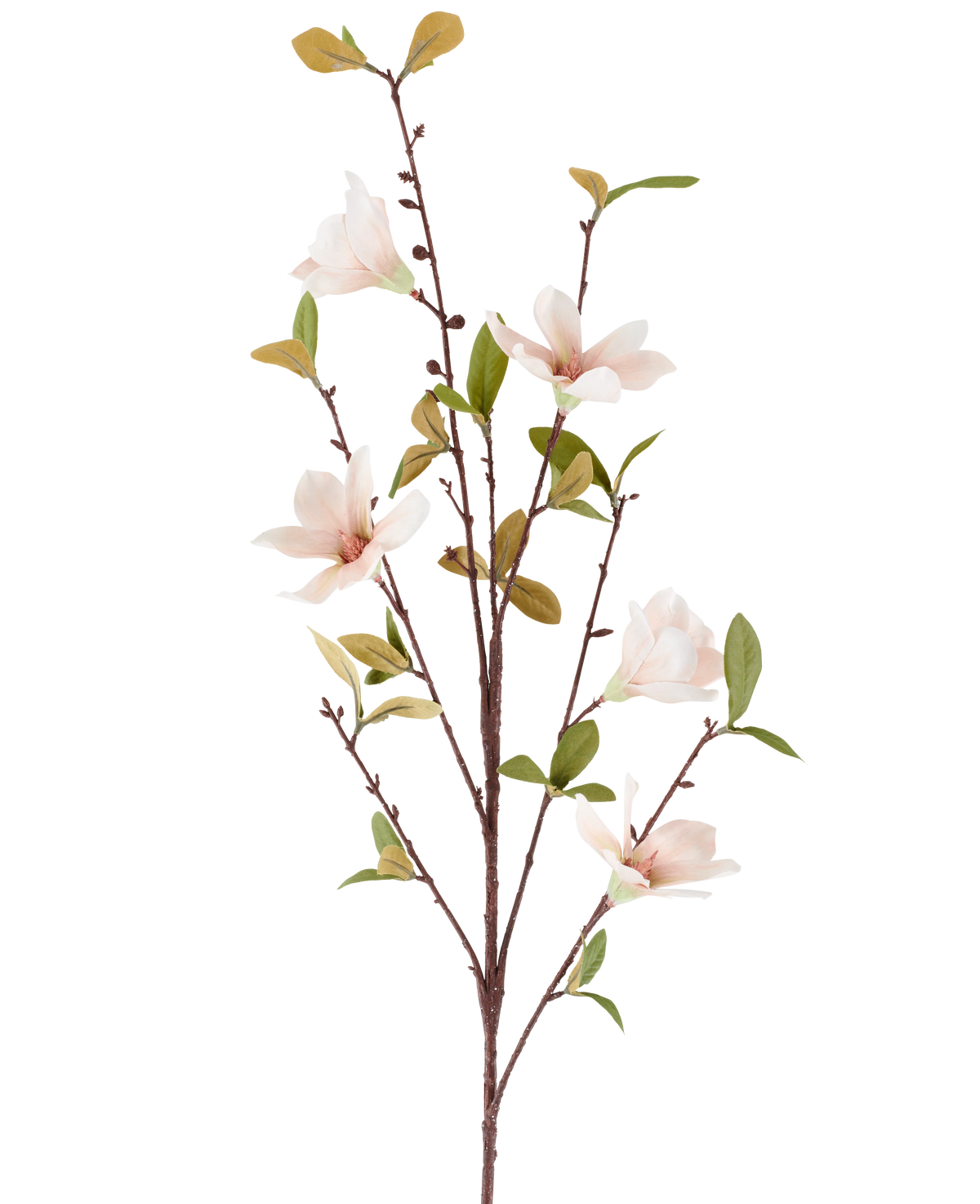 Eine künstliche Magnolienblume von 94 cm, cremefarben/braun, mit mehreren hellrosa Blüten und grünen Blättern an dünnen braunen Stielen, dargestellt vor einem schlichten weißen Hintergrund.