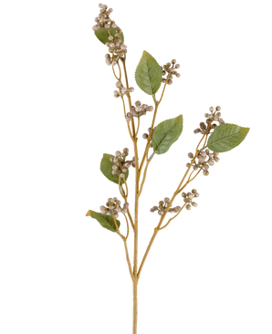 Ein einzelner Stiel der künstlichen Kratzbaumblume, 78 cm hoch, mit mehreren grünen Blättern und Büscheln kleiner, runder beiger Beeren auf dünnen braunen Stielen in Grau- und Lilatönen, vor einem weißen Hintergrund.