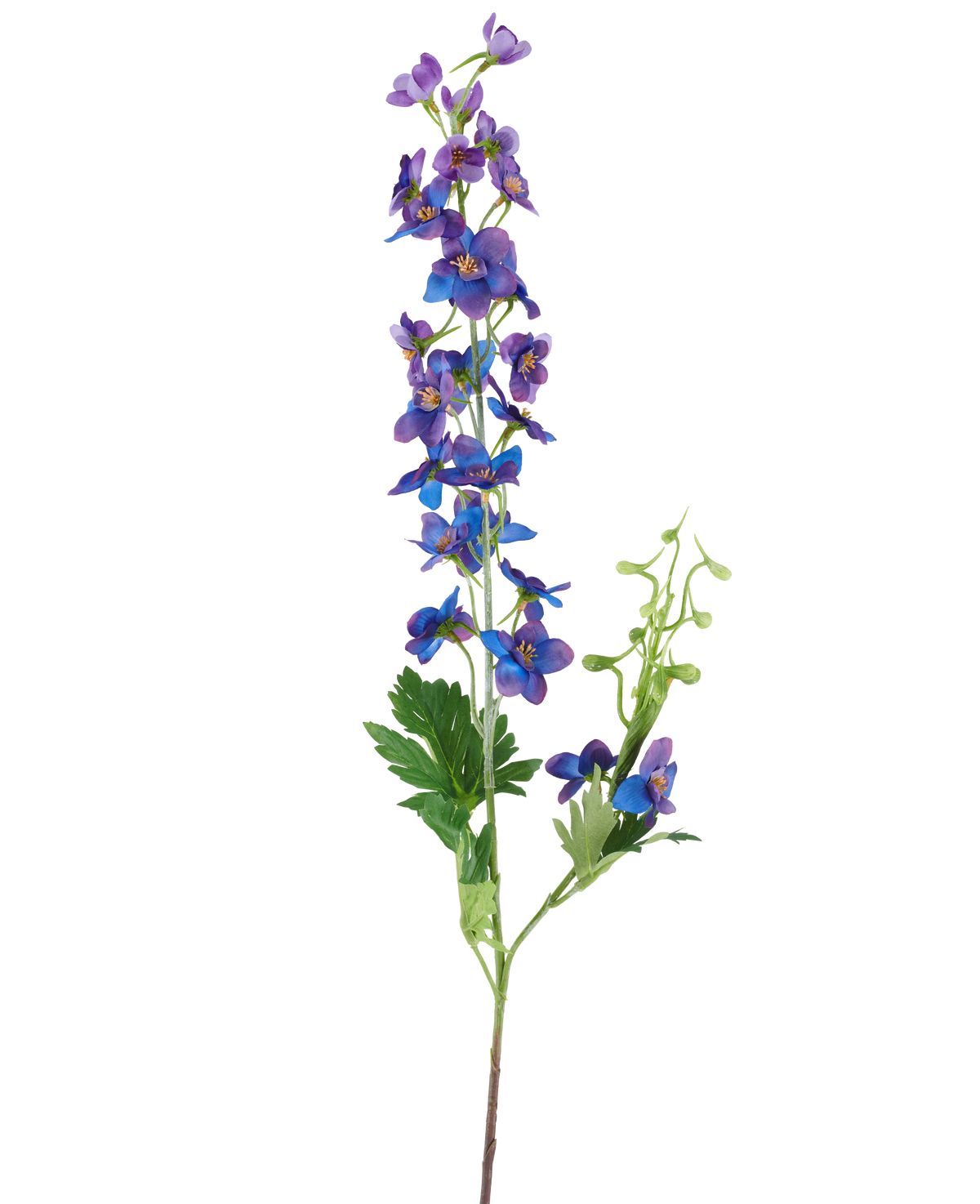 Ein einzelnes hohes künstliches Delphinium mit einer Höhe von 79 cm und einem violetten Stiel mit kleinen, leuchtend violetten und blauen Blüten und grünen Blättern vor einem schlichten weißen Hintergrund.