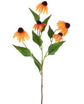 Eine einzelne künstliche Echinacea-Blume von 75 cm, orange, mit fünf leuchtend orangefarbenen Sonnenhutblüten, jeweils mit dunkelbrauner Mitte und umgeben von grünen Blättern, vor einem schlichten weißen Hintergrund.