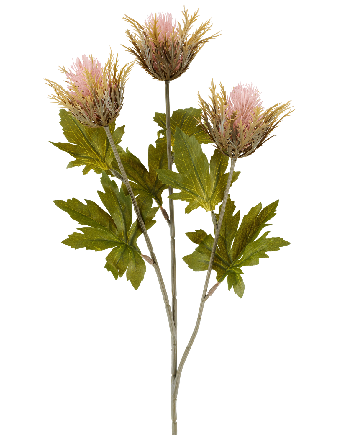 Kunstblume Distel 67 cm altrosa besteht aus drei rosa und goldfarbenen, stacheligen künstlichen Distelblüten mit grünen Blättern an grauen Stielen, dargestellt vor einem weißen Hintergrund.