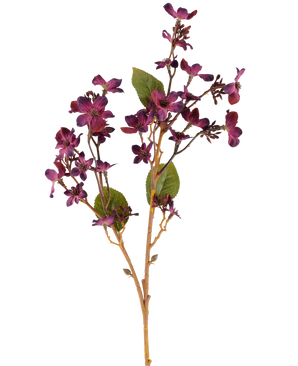 Eine künstliche Blume Vernicia Fordii von 63 cm in Burgunderrot, mit Büscheln kleiner, dunkelvioletter Blüten und grünen Blättern auf schlanken, hellbraunen Stielen, dargestellt vor einem weißen Hintergrund.