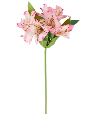 Eine einzelne künstliche Alstroemeria-Blume von 47 cm, rosa/cremefarben, mit verschiedenen rosa und cremefarbenen Blüten und grünen Blättern, dargestellt vor einem weißen Hintergrund.
