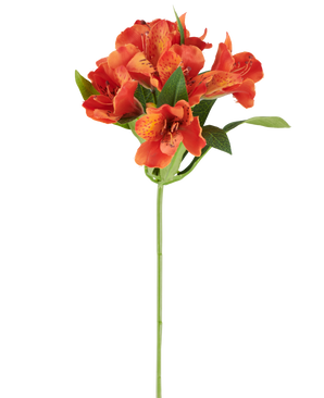 Künstliche Blume Alstroemeria, 47 cm, orange mit mehreren gefleckten Blüten und grünen Blättern auf weißem Hintergrund.