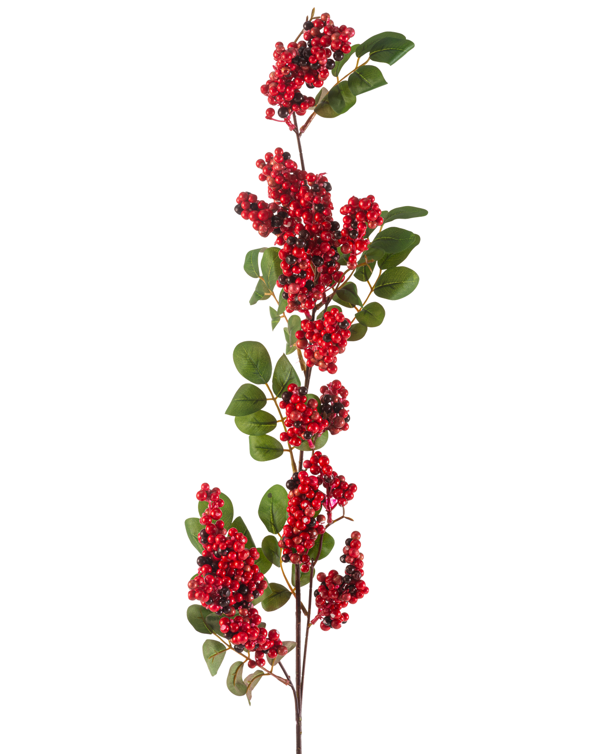 Die künstliche Beerenblume 104 cm rot besteht aus einem einzelnen Zweig mit Büscheln kleiner, leuchtend roter Beeren und grünen Blättern vor einem weißen Hintergrund.