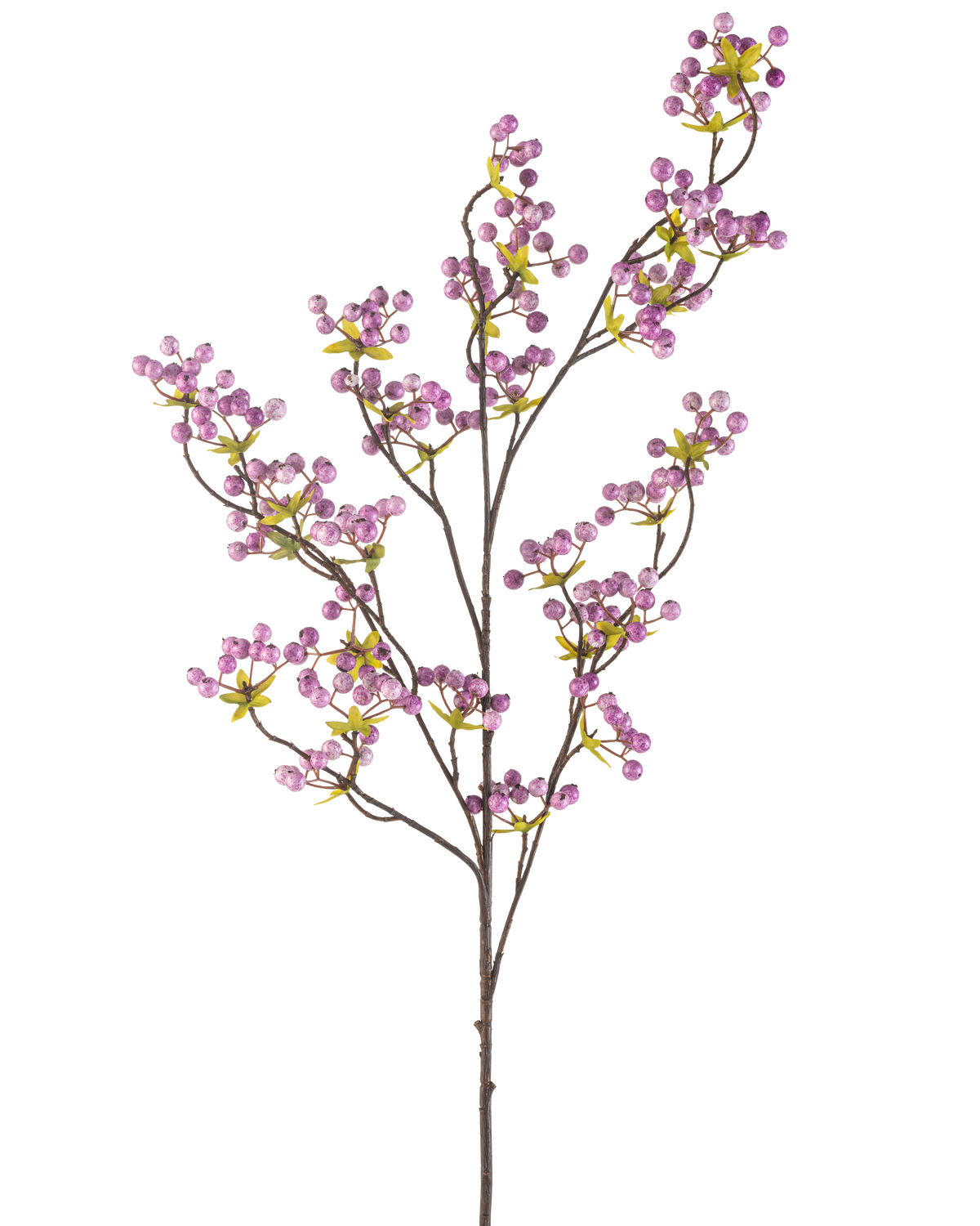 Die künstliche Beerenblume 107 cm lila hat einen einzelnen schlanken Zweig mit mehreren dünnen Stielen, die jeweils mit Büscheln kleiner, runder hellvioletter Beeren und einigen grünen Blättern vor einem schlichten weißen Hintergrund verziert sind.