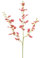 Een enkele rode Kunstbloem Orchidee 98 cm met meerdere takken, elk met trossen levendige bloemen, tegen een effen witte achtergrond.