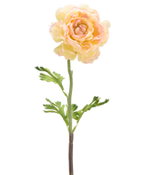 Een Kunstbloem Ranonkel 51 cm licht wit: een enkele bleke kunst ranonkelbloem met lichtwitte bloemblaadjes, groene bladeren en een lange steel tegen een witte achtergrond.