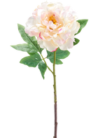 De Kunstbloem Peony 61 cm creme is een enkele kunstmatige lichtroze en crème pioenbloem met groene bladeren en een lange steel, afgebeeld tegen een witte achtergrond.