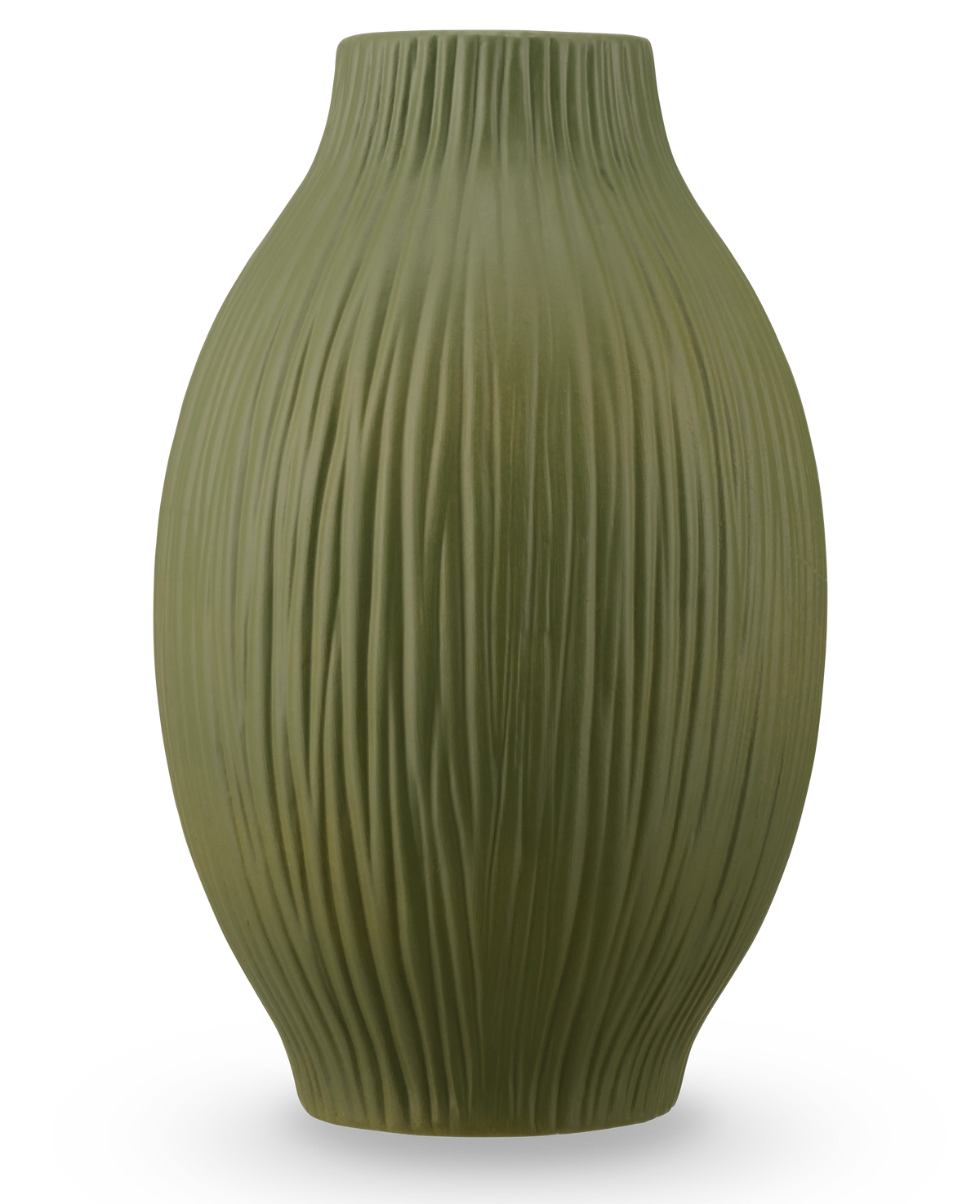 Die Vase Silent Leaf 25 cm grün ist eine grüne Keramikvase mit mattem Finish und vertikalen Rillen auf dem runden, leicht konischen Körper vor einem schlichten weißen Hintergrund.