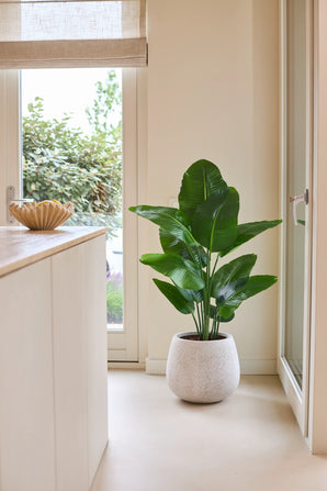 Een Kunstplant Strelitzia Real Touch Deluxe van 120 cm in weelderig groen staat op een lichte vloer naast een glazen deur in een lichte, moderne kamer met neutrale muren en een houten toonbank.