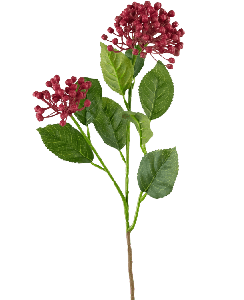 Eine einzelne künstliche Hortensienblüte mit 55 cm langem dunkelrosa Stiel mit grünen Blättern und zwei Büscheln kleiner, runder, tiefrosa Knospen vor einem schlichten weißen Hintergrund.