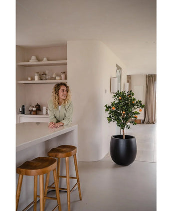 Een vrouw met krullend blond haar glimlacht terwijl ze leunt op een aanrecht in een lichte, moderne kamer met beige muren en planken. Voor haar staan twee houten krukjes en de Kunstplant Sinaasappelboom 120 cm dichtbij.