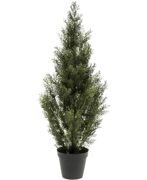 De Kunstplant Conifeer UV 90cm is een kleine kunstdennenboom met dicht groen gebladerte in een eenvoudige zwarte pot, rechtopstaand tegen een effen witte achtergrond.