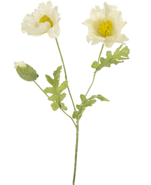 De Kunstbloem Klaproos 73 cm wit is een kunstbloemensteel met twee open witte klaprozenbloemen, een gesloten knop, gestructureerde bloemblaadjes en groene bladeren tegen een effen witte achtergrond.