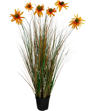 De Kunstgras chrysant uienpot 90cm brandvertragend is een kunstplant in pot met hoge, brandvertragende groene en bruine grasachtige bladeren met meerdere geeloranje margrietachtige bloemen op slanke stelen.