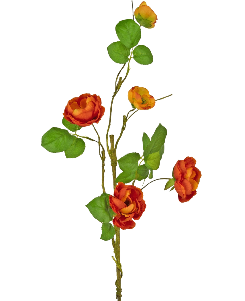 Ein einzelner künstlicher Rosenzweig 90 cm mit mehreren roten Kunstrosen mit grünen Blättern vor einem schlichten weißen Hintergrund.