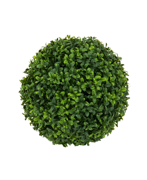 Een dichte, ronde Kunstplant Buxus Romeinse stijl UV D30cm kunst Buxusbol van boven gezien tegen een witte achtergrond.