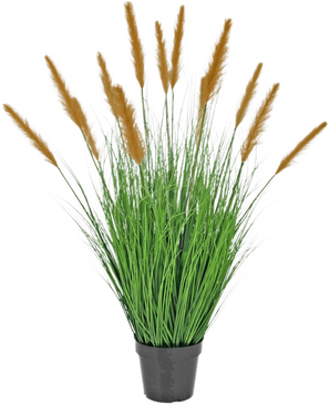 De Kunst Grasplant Struisriet 100 cm brandvertragend heeft lange, slanke groene bladeren en hoge bruine pluimen in een zwarte pot. Het is een levensecht, brandvertragend siergras dat perfect is voor groene decoratie.