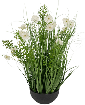 Een zwarte pot met kunstgras witte Gesang bloemen en uiengras, 56cm hoog, met lange groene grasachtige bladeren en delicate witte bloemen; brandvertragend voor veiligheid en een natuurlijke uitstraling.