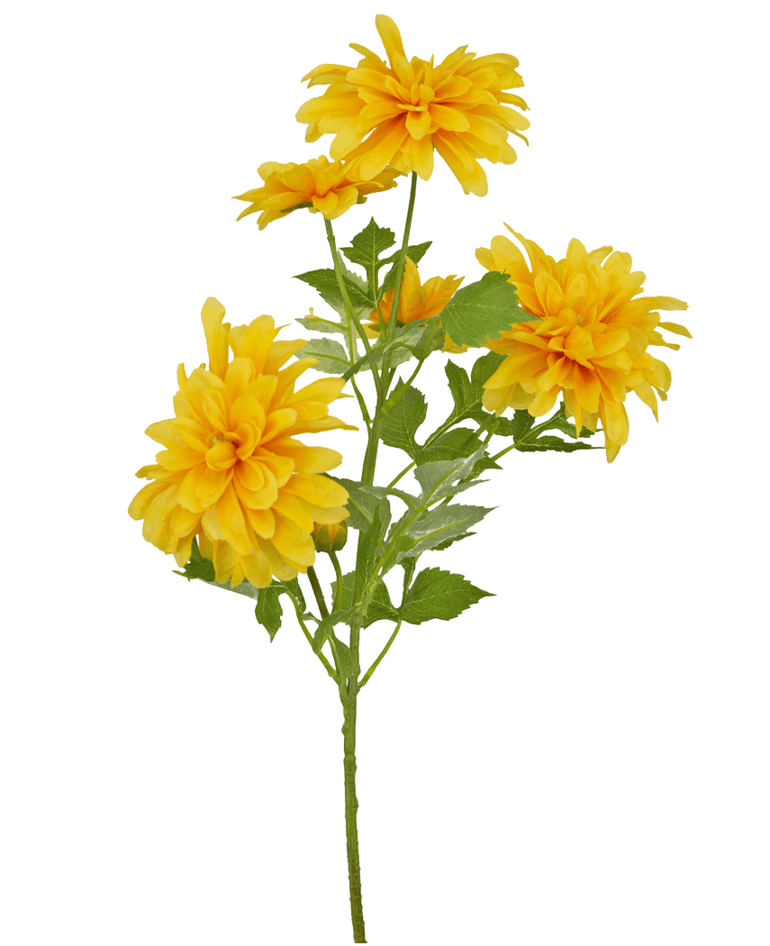Eine einzelne orangefarbene künstliche Dahlie mit 60 cm Stiel und grünen Blättern vor einem weißen Hintergrund.