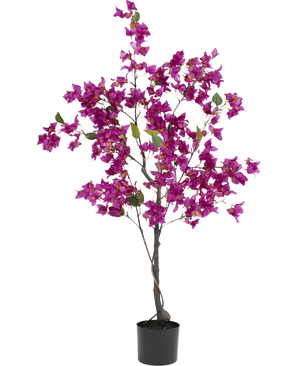 De Kunstplant Bougainvillea 125 cm Paars heeft levendige paarse bloemen en weelderige groene bladeren aan verschillende takken, waardoor het een kleurrijke kunstplant is die ideaal is om elke binnenruimte op te fleuren.