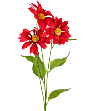 De Kunstbloem Madelief 78 cm rood heeft drie levendige rode kunstmadeliefjes met gele hartjes en groene blaadjes op lange stelen, tegen een effen witte achtergrond.