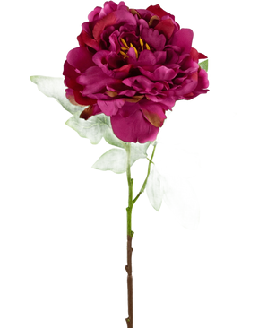 De Kunstbloem Pioen 61 cm roze is een kunstmatige donkerroze pioenroos met gelaagde bloemblaadjes, groene bladeren en een lange steel, afgebeeld tegen een effen witte achtergrond.