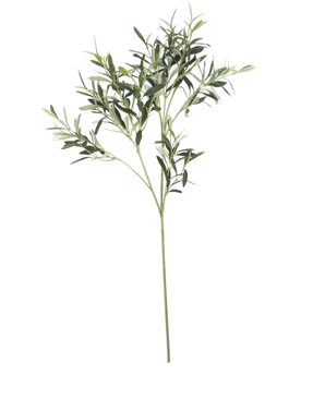 Das künstliche Olivenblatt 90 cm UV mit schlanken grünen Blättern und langem Stiel hebt sich von einem weißen Hintergrund ab und sorgt für eine dezente mediterrane Atmosphäre.