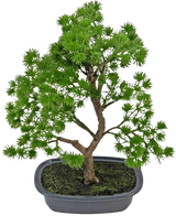 De Kunstplant Bonsai Juniper 30 cm heeft heldergroene naaldachtige bladeren en een bruine stam, in donkere aarde in een ondiepe, rechthoekige grijze pot.