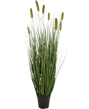 De Kunstgras Matsutake uiengraspot 90cm brandvertragend heeft hoog, slank groen kunstgras met bruine zaadhoofden in een zwarte pot, perfect voor een moderne look.