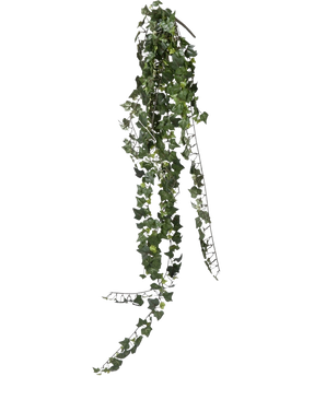 De Kunst klimop hangplant 125 cm brandvertragend heeft levensechte hangende bladeren die elegant naar beneden hangen tegen een witte achtergrond.