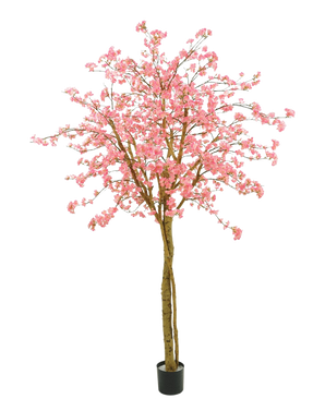 De Kunstboom Kersenbloesem roze 240 cm heeft roze bloemen, bruine takken en een zwarte pot tegen een effen witte achtergrond.