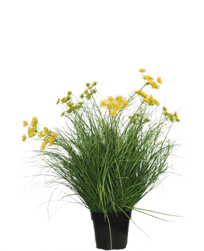 De Kunst Grasplant Asteraceae 70 cm brandvertragend heeft hoge, slanke groene bladeren en trossen heldergele Asteraceae bloemen in een zwarte pot-een perfecte, onderhoudsvriendelijke kunstgrasplant voor elk interieur.