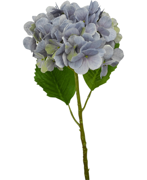 Een enkele Kunst Hortensia Deluxe 57 cm lila steel met lichtpaarse bloemblaadjes en twee grote groene bladeren, geïsoleerd op een witte achtergrond.