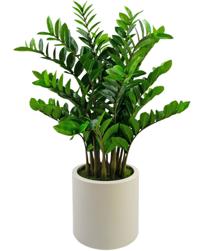 De Kunstplant Zamioculcas kant en klaar in beige pot 120 cm heeft rechtopstaande, glanzende donkergroene bladeren in een eenvoudige beige plantenbak, tegen een witte achtergrond.