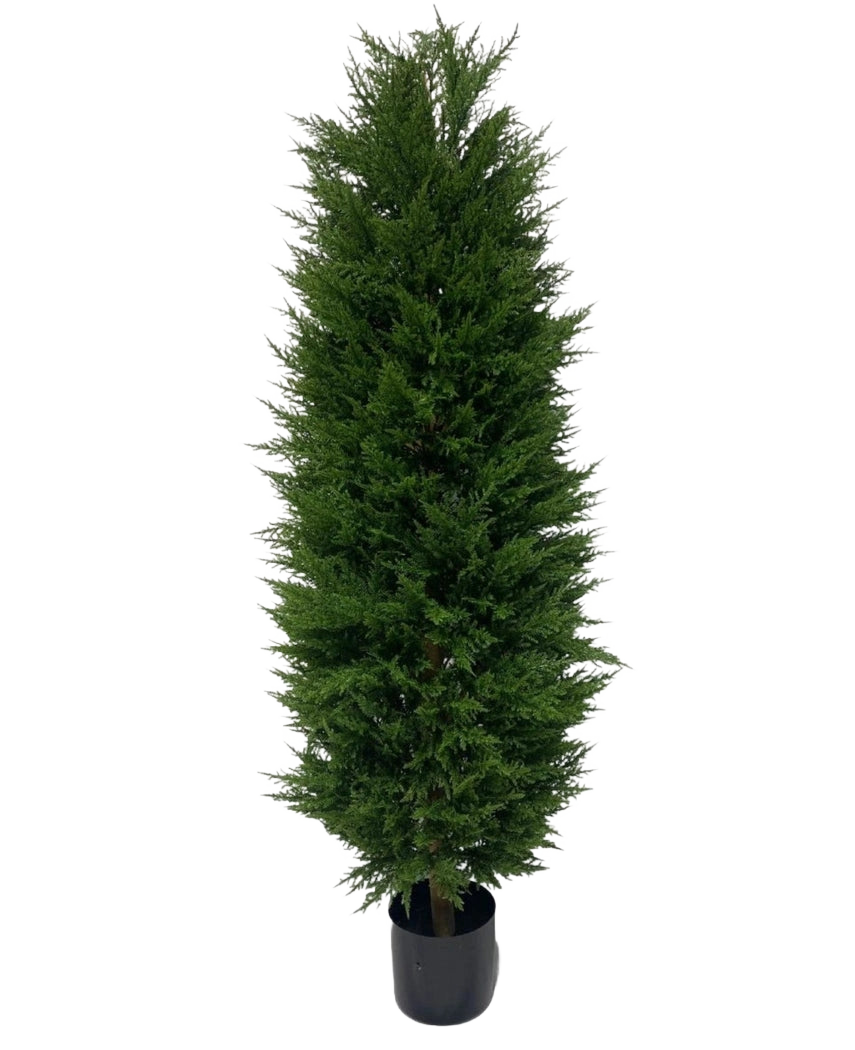 De Kunstplant Conifeer UV 180cm is een hoge, smalle kunst groenblijvende boom met dicht, donkergroen blad, afgebeeld tegen een witte achtergrond.