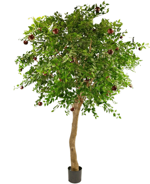 De Kunst Appelboom 240 cm is een hoge boom in pot met een dikke stam, dichte groene bladeren en verschillende rode appels aan de takken tegen een effen witte achtergrond.