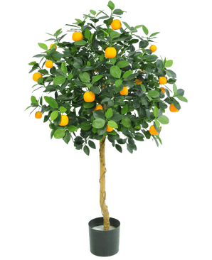 De Kunst sinaasappelboom 120 cm van Easyplants heeft weelderige groene bladeren en veel fel oranje vruchten, weergegeven in een pot tegen een effen witte achtergrond.