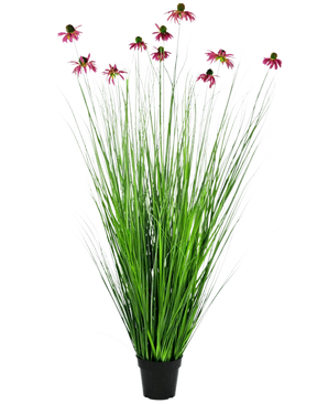 De Kunst Grasplant Chrysant 150 cm brandvertragend is een potplant met hoge, grasachtige groene bladeren en meerdere roze chrysantenbloemen met een donker hart boven het blad.