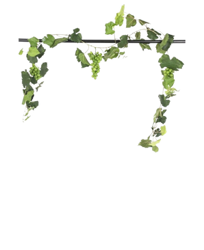 De Kunst Druiven guirlande brandvertragend 186 cm, met trossen groene druiven en bladerranken, staat op een zwarte horizontale stang voor opvallende kunstplant decoratie tegen een witte achtergrond.