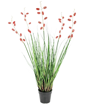 De Kunst Grasplant Duizendpootgras 100 cm brandvertragend is een zwarte kunstplant in pot met hoge, dunne groene bladeren en lange stelen met trossen kleine, ovale roze-rode bloemen in een rechtopstaande, spreidende display.