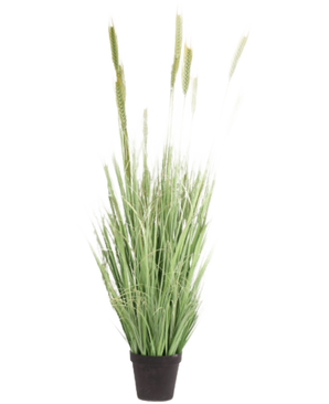 De Kunst Grasplant Groen 160 cm brandvertragend heeft lange, slanke bladeren en hoge, tarwe-achtige aren in een kleine zwarte pot; deze kunstplant is afgebeeld tegen een witte achtergrond.