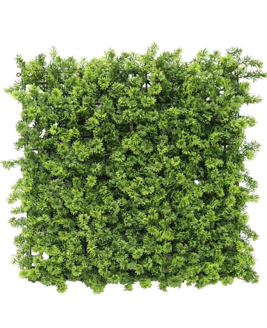 Das künstliche Heckenmoos 50x50 cm UV ist eine dichte quadratische Platte aus künstlichem grünem Laub mit kleinen Blattzweigen, dargestellt von oben auf einem weißen Hintergrund.